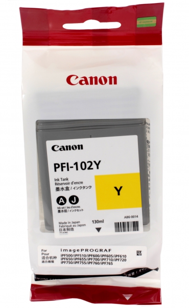 Чернильный картридж Canon PFI-102Y(ST), желтый, 90 мл, для Canon iPF500/600/605/610/700/710/750/760/765